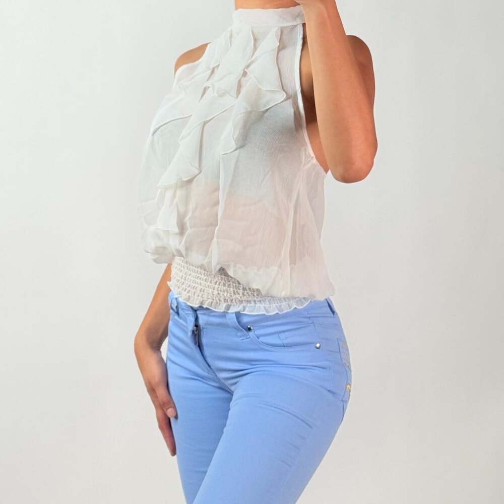 White Sheer Ruffled Top M - Picture 2 of 5
